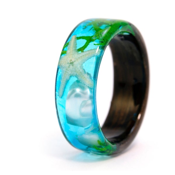 Mermaid Ring With natural starfish, corals, pearls. A unique ring for Ocean lovers. Ocean Resin Mermaid Ring.