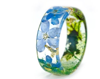 Forget-Me-Not Resin Ring with Real Flowers Inside,Moss Resin Ring . Gifts for Her ,Forest Moss, Gold 24K