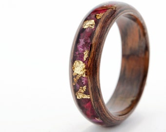 Wood Women Ring With Natural Pink Flowers. Wood Engagement Ring For Women. 5 Year Anniversary Gift For Her.