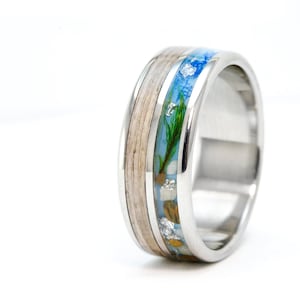 Titanium Ocean Pattern Ring, Wooden Blue Ocean Ring, Titanium Ring With Poplar, Ocean Titanium Engagement Ring. Ocean Blue Ring for Women