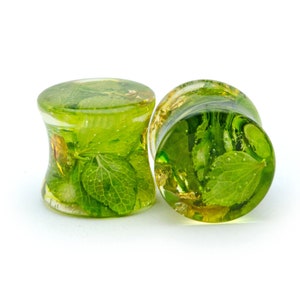 May include: Two green glass ear gauges with embedded green leaves and gold flecks.