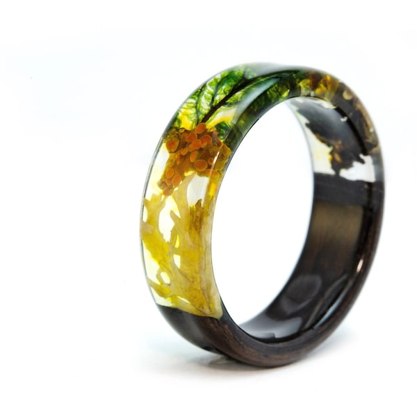 Mens forest ring with wood and moss, Nature wooden wedding rings, Wood moss ring, Moss resin ring, Lichen wooden ring, Forest ring, Wood