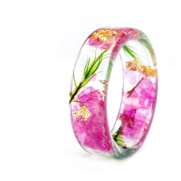 Pink Orchid Resin Ring with Real Pressed Petals , Green Forest Moss, Nature Inspired Clear Ring, Gold 24K, Gift for Her