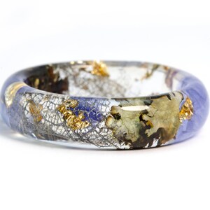 Resin Pressed Blue Lily. Blue Orchid. Purple.  24K Gold. Ring Birthday Gift. Gray Forest Moss. Ideal Gift for Her. Blue Ring Women.