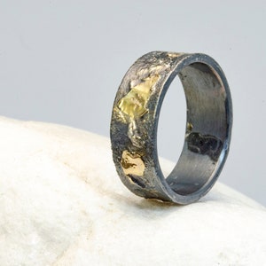 Gold Ring - Rustic Men's Wedding Ring in 18kt Gold and Oxidized Sterling Silver Keum boo ring - Unusual engagement silver rings.