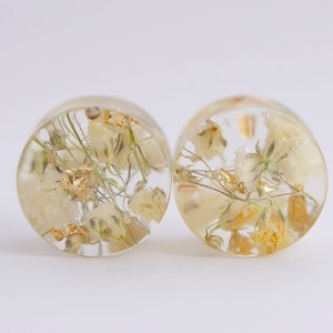 Ear Plugs,  Real Flower Plugs, Resin Plug Earrings, Magic Resin Ear Plugs, Fairy Gauges, Real Plant Organic Gauges, Queen Anne Flowers, Gold