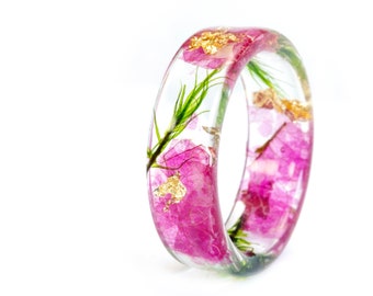 Pink Orchid Resin Ring with Real Pressed Petals , Green Forest Moss, Nature Inspired Clear Ring, Gold 24K, Gift for Her