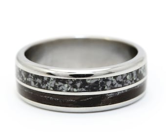 Titanium Ring with Black and White Quartz Crumb. Black titanium wedding bands. Titanium Wedding Band.Wonderful Gift.Titanium ring engagement