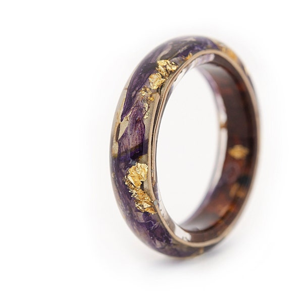 Nature Resin Ring with Pressed Purple Flowers, Real Birch Bark Ring with English Rose, Gold24K, Resin Ring with Birch, Pressed Purple Bells