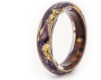 Nature Resin Ring with Pressed Purple Flowers, Real Birch Bark Ring with English Rose, Gold24K, Resin Ring with Birch, Pressed Purple Bells