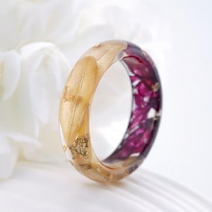 Burgundy Rose Resin Ring with Beige Leaf, Burgundy Rose Romantic Ring, Burgundy Rose Flowers, Real Flower Resin Ring, Resin Ring Rose