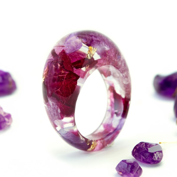 Pink Orchid Resin Ring with Real Pressed Petals, Purple Petals , Floral Resin Ring, Flowers Inside, Gold24K