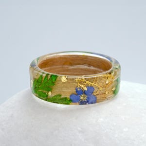 Forest Fern Ring. Forget Me Not Ring. Linden Ring with Light Blue. Blue Flower Ring, Real Pressed Green Leaves. Blue Flower Ring Resin