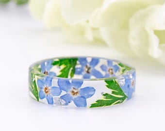 Forget-Me-Not Resin Ring with Real Flowers Inside, Forest moss, Women's Gift, Forget-Me-Not,Resin Rings, Mother's Day Gift