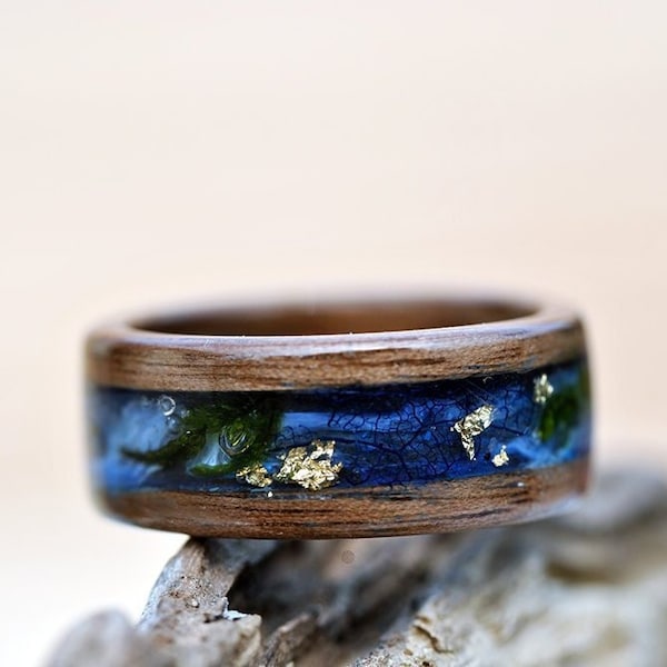 Secret world inside the ring. Wooden rings for women Wooden rings men - Blue Wood Resin Ring- Wood resin ring Magic Kingdom Exotic Wood Ring