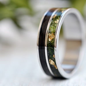 Titanium Wedding Band with Dark Oak, Titanium Ring with Hydrangea Green, Men Green Titanium Wedding Ring, Titanium Dark Oak Rings. Wood Ring