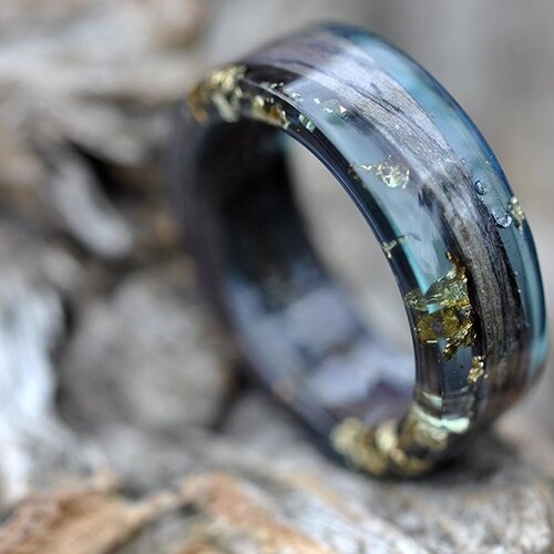 mens resin ring, resin wood ring, wood resin ring,wood and resin ring,Men's wooden ring with gray resin and gold flakes.