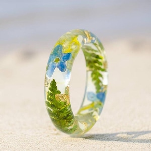 Forest Fern Ring, Fern Resin Ring, Forget-Me-Not Resin Ring,Real Flowers Inside, Green Leaves, Forest ring. Holiday Gift .Gold24K, Gray Moss