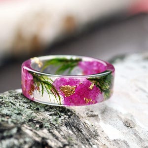 Pink Orchid Resin Ring with Real Pressed Petals , Green Forest Moss, Nature Inspired Clear Ring, Gold 24K, Gift for Her image 7