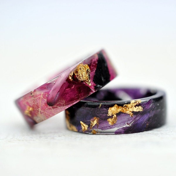 Pink Orchid Resin Ring with Real Pressed Petals, Skeleton Leaves Ring, Purple Petals, Purple Iris Ring, Purple Orchid Resin Ring, Gold24K