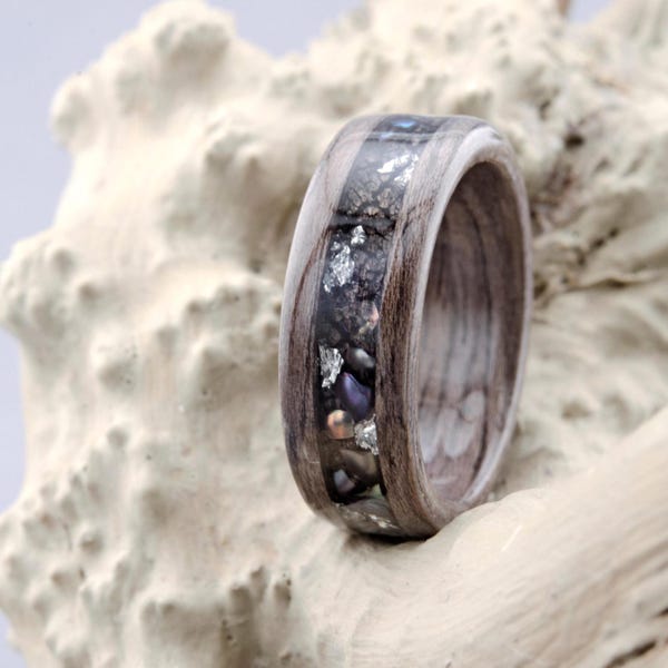 Gray Oak Bentwood Ring, Ring With Pearl, Ring with Mother of Pearl Inlay, Unique Mens Wedding Band, Wood Wedding Band,  5th Anniversary