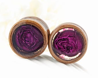 Wood Ear Tunnels, American walnut Plugs with Purple Rose. Wood Ear Plugs, Plugs with Purple Rose. Purple Rose Tunnels. Dried Flower Plugs