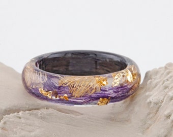 Nature Inspired Ring with Real Purple Iris Petals Inside,  Resin Ring with Pressed Iris Petals, Ring with Real Flowers, Purple Lotus Ring