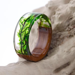 resin moss rings Womens wood ring Forest jewelry nature lover gift men moss terrarium natural moss botanical jewelry rings for women rings