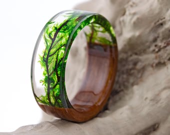 resin moss rings Womens wood ring Forest jewelry nature lover gift men moss terrarium natural moss botanical jewelry rings for women rings