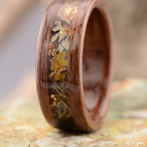 American Walnut Ring with Lichen. Wooden Engagement Rings. Forest ring. 5 Year Anniversary. Lichen Ring. Rustic Ring. Wooden Ring
