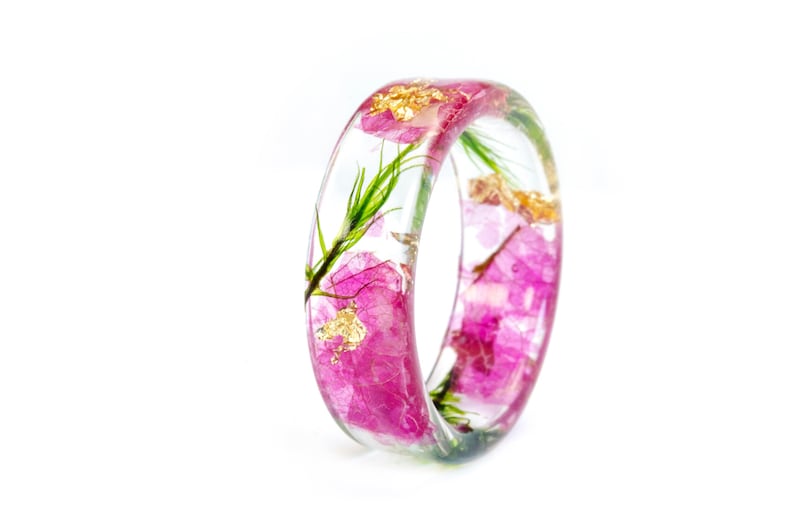 Pink Orchid Resin Ring with Real Pressed Petals , Green Forest Moss, Nature Inspired Clear Ring, Gold 24K, Gift for Her image 1