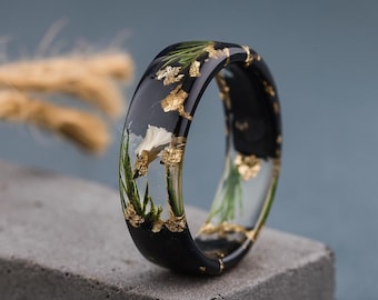 Blue Resin Ring, Blue Rose Resin Ring, Green Moss Ring, Pressed Blue Rose, Nature Moss, Natural Pressed Blue Rose, Gold24K
