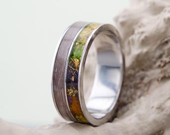 Titanium Wedding Silver Ring Orange Gerbera, Wood Wedding Band with Green Hydrangea. Women Wedding Rings Yellow Leaf. Titanium Wood Ring Men