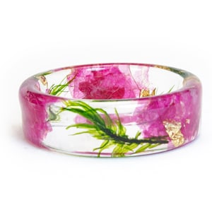 Pink Orchid Resin Ring with Real Pressed Petals , Green Forest Moss, Nature Inspired Clear Ring, Gold 24K, Gift for Her image 3