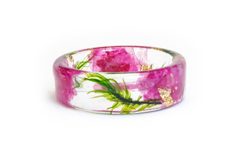 Pink Orchid Resin Ring with Real Pressed Petals , Green Forest Moss, Nature Inspired Clear Ring, Gold 24K, Gift for Her image 3