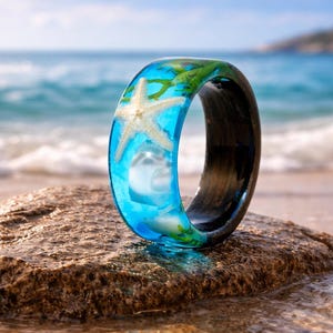 Mermaid Ring With natural starfish, corals, pearls. A unique ring for Ocean lovers. Ocean Resin Mermaid Ring.