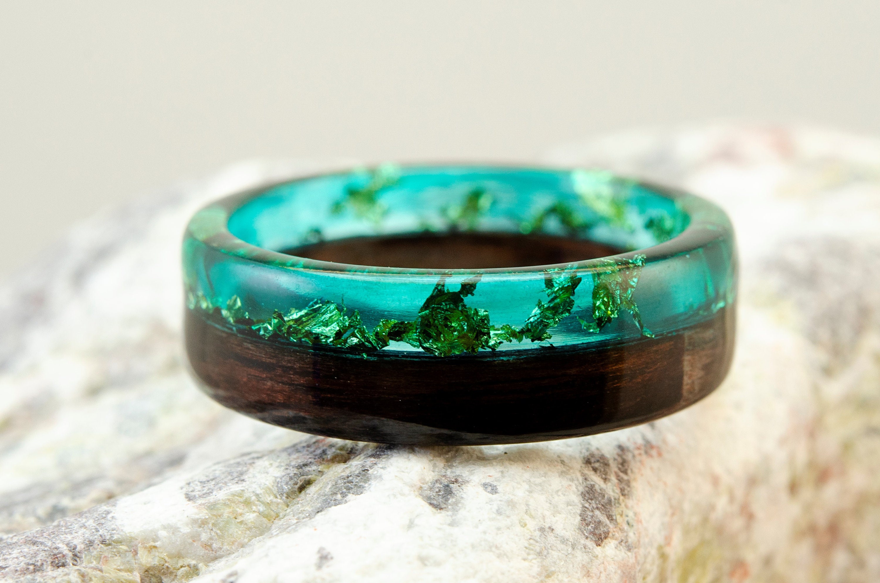 Wood Resin Ring Exotic Wood Ring With Magic Resin Top. Blue Resin