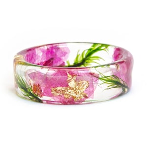 Pink Orchid Resin Ring with Real Pressed Petals , Green Forest Moss, Nature Inspired Clear Ring, Gold 24K, Gift for Her image 5