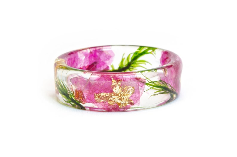 Pink Orchid Resin Ring with Real Pressed Petals , Green Forest Moss, Nature Inspired Clear Ring, Gold 24K, Gift for Her image 5