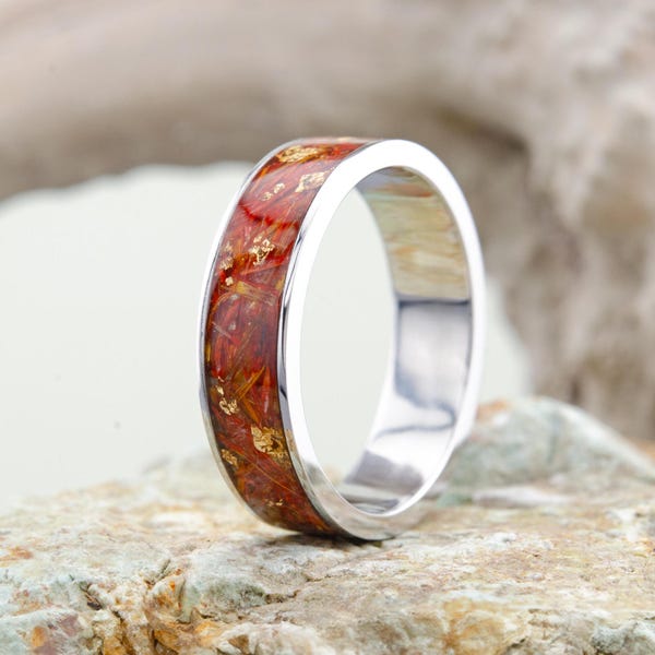 Titanium Ring with Orange Carnation, Red Wedding Titanium Ring, Men Wedding Orange Ring, Orange Wedding Ring, Wedding Orange Band