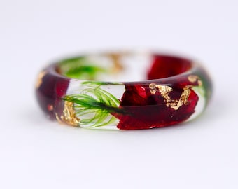 Resin Flower Ring Burgundy Peony, Forest Moss, 24K Gold. Nature Inspired Rings. Peony Resin Ring. Nature Inspired Ring Real Petals Inside