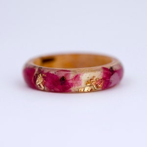 Real Birch Bark Ring, Birch Wood Rings, Pink Orchid Resin Ring with Real Pressed Petals, Gold24K, Nature Inspired  Ring, Gift for Her