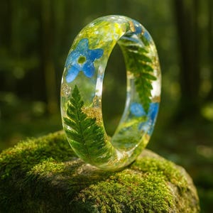 Forest Fern Ring, Fern Resin Ring, Forget-Me-Not Resin Ring,Real Flowers Inside, Green Leaves, Forest ring. Holiday Gift .Gold24K, Gray Moss
