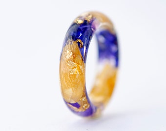 Nature Resin Ring with Blue Petals, Nature Inspired Clear Resin Ring, Autumn Leaves Ring, Real Flowers Inside, Gold24K