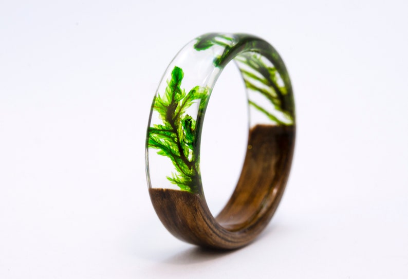 resin moss rings Womens wood ring Forest jewelry nature lover gift men moss terrarium natural moss botanical jewelry rings for women rings image 2