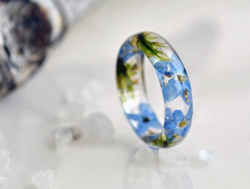 Forget-Me-Not Resin Ring with Real Flowers Inside, Forest moss, Gold24K , Women's Gift, Forget-Me-Not,Resin Rings, Mother's Day Gift image 8