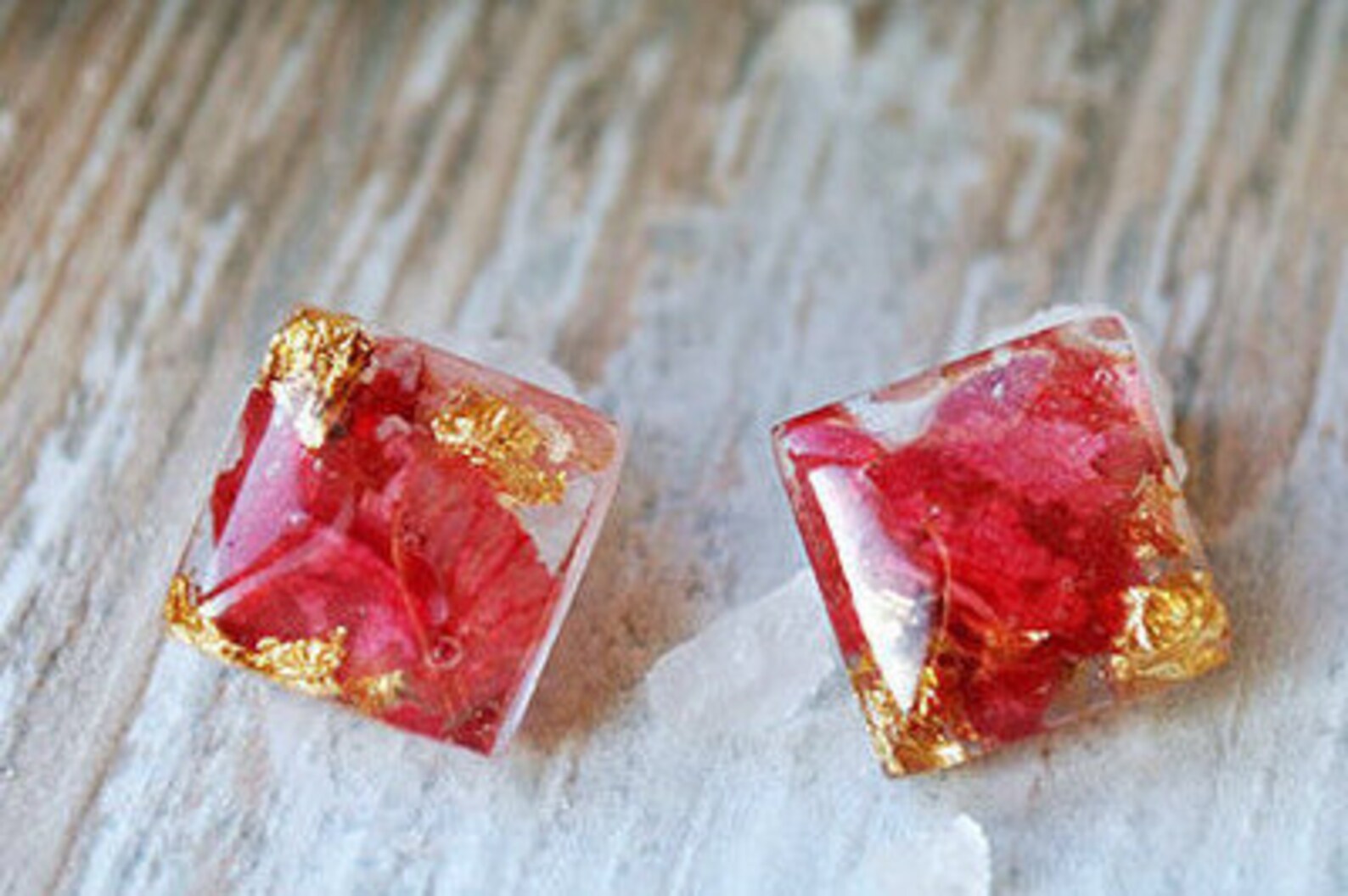 Red resin earrings stud earrings botanical earrings stud tiny Etsy