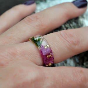 Pink Orchid Resin Ring with Real Pressed Petals , Green Forest Moss, Nature Inspired Clear Ring, Gold 24K, Gift for Her image 9