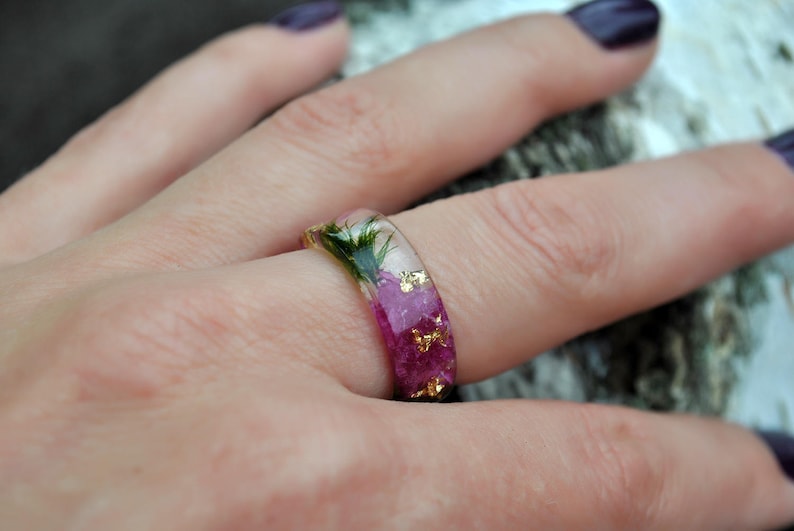 Pink Orchid Resin Ring with Real Pressed Petals , Green Forest Moss, Nature Inspired Clear Ring, Gold 24K, Gift for Her image 9