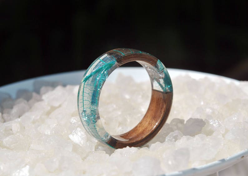 Blue Resin Ring Womens Wood Ring Boho Rings Real Leaf Ring Etsy